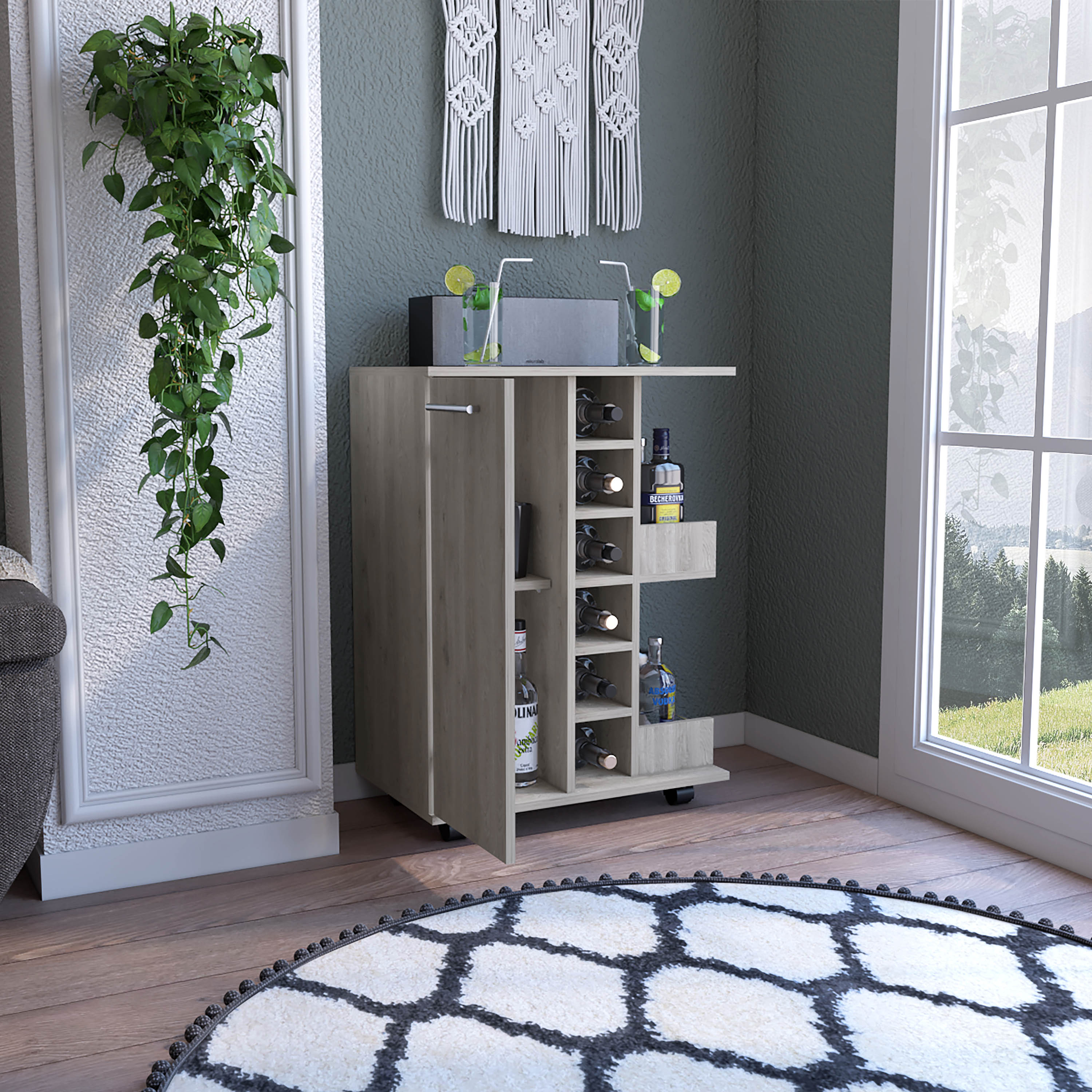 Bar Cart, Two External Shelves, Four Casters, Six Built-in Wine Rack, Single Door Cabinet -Light Gray